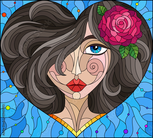 Stained glass illustration with a portrait of a girl with brown hair and a heart-shaped rose, on a blue background