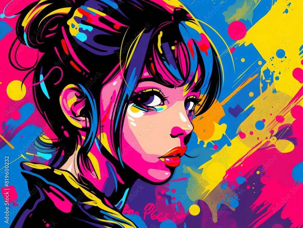 Naklejka premium Graffiti woman vector illustration. Pop art modern graphic design. Cartoon style of colorful urban artwork. Beautiful young lady. Spray paint fashion poster. Street art. Cool strong fashion female