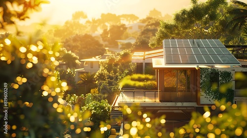 A stylish residence with a rooftop covered in efficient solar panels, basking in the bright midday sun. 8k, realistic, full ultra HD, high resolution and cinematic photography