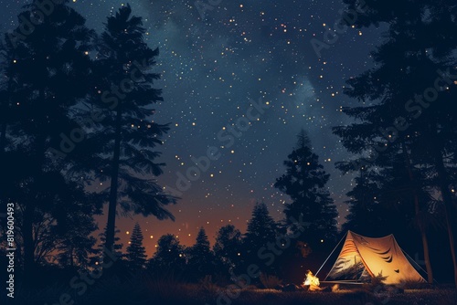 A night shot of a campsite with a glowing tent and campfire under a starry sky  with silhouettes of trees creating a peaceful ambiance.