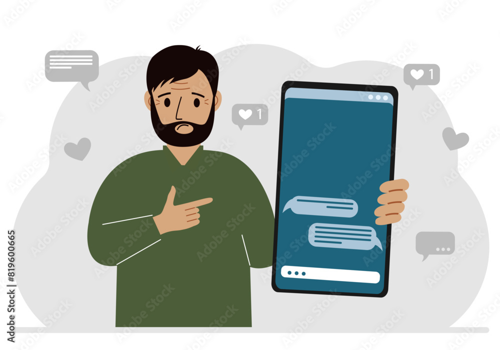 A man holds a mobile phone with correspondence and SMS messages in his hand. A man holds a mobile phone with correspondence and SMS messages in his hand.