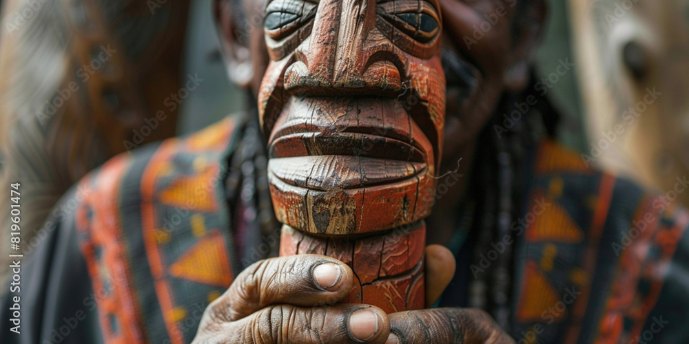 Ancient culture tradition cult magic spell purpose concept. Colorful tall wooden human god face totem pole with in hand of person. African American holds spirit object ceremony of sacramental beliefs