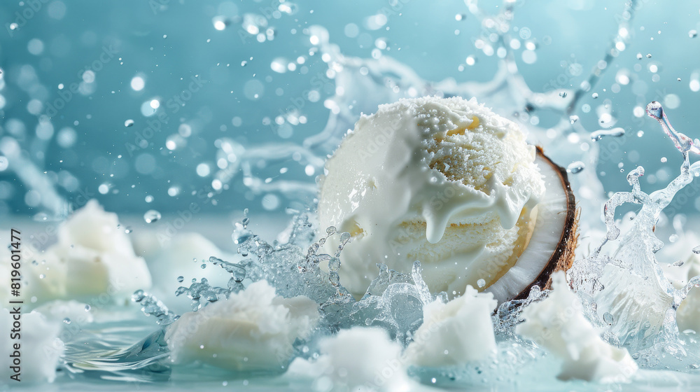 Coconut ice cream scoop on a monochromatic light blue background with water droplets splashing around Coconut ice cream scoop on a monochromatic light blue background with water droplets splashing around