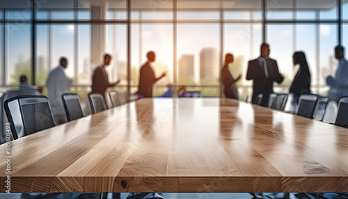 business meeting discussion office environment wooden table top with businessman and woman on blur background.