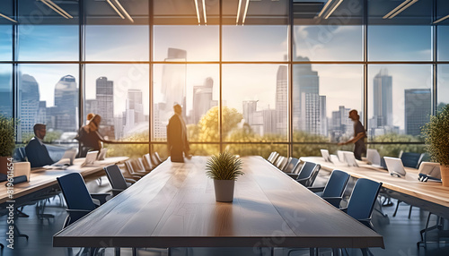 business meeting discussion office environment wooden table top with businessman and woman on blur background.