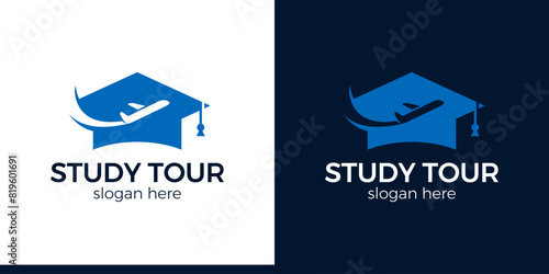 Study tour logo design template. College, Graduate cap, Campus, Education logo with Plane icon. Plane logo. Plane vector. Airplane logo. Airplane icon. Airplane vector.