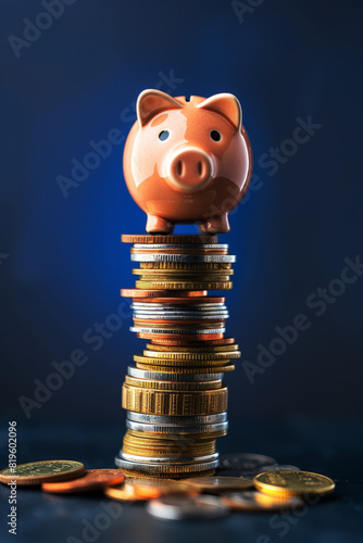 Piggy bank with cash money and coins photo