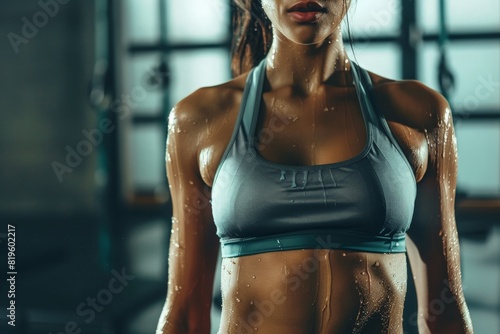 Close up of fit woman torso with sweat on skin after workout. Female with perfect abdomen muscles 