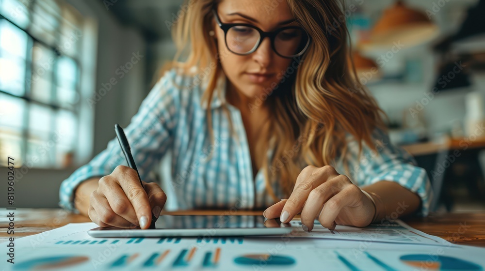 Fototapeta premium Close-up of a businesswoman hands analyzing competitor data on her tablet, focusing on market research.