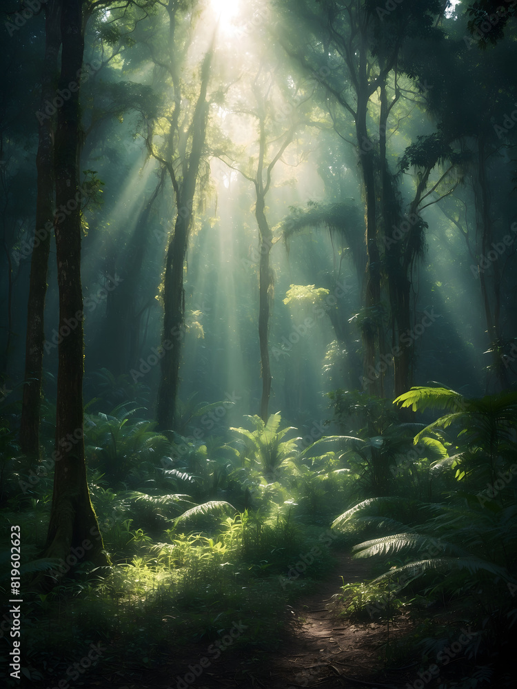 Lush and dense forest with an abundance of trees and ferns creating a vibrant green landscape. Sun rays piercing through the canopy, illuminating the dark undergrowth. Lush and dense forest with an abundance of trees and ferns creating a vibrant green landscape. Sun rays piercing through the canopy, illuminating the dark undergrowth.