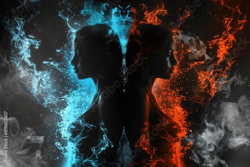  Fire and ice two female twins stand back to back, their contrasting personas mirroring the duality of their elements, while flashes of vivid blue and fiery red accentuate their respective powers photo