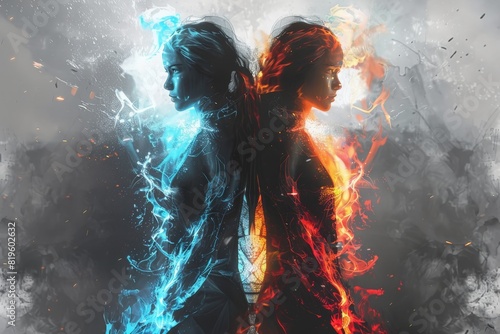  Fire and ice two female twins stand back to back, their contrasting personas mirroring the duality of their elements, while flashes of vivid blue and fiery red accentuate their respective powers photo
