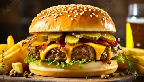delicious fast food chain burger, highlighting the perfect assembly of beef patties, crispy bacon, cheddar cheese, pickles, and a toasted background