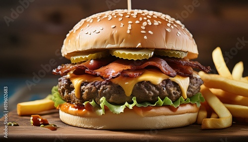 delicious fast food chain burger, highlighting the perfect assembly of beef patties, crispy bacon, cheddar cheese, pickles, and a toasted background