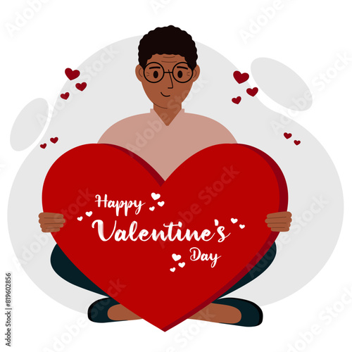 A man holds a big red heart with congratulations on Valentine's Day. Vector flat illustration