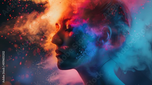 Bright neon lights mixed with colorful powder for a dynamic and energetic double exposure effect photo