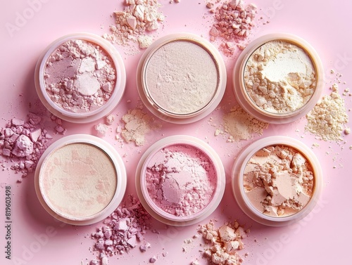 Compact powders on a pastel pink background with soft shadows