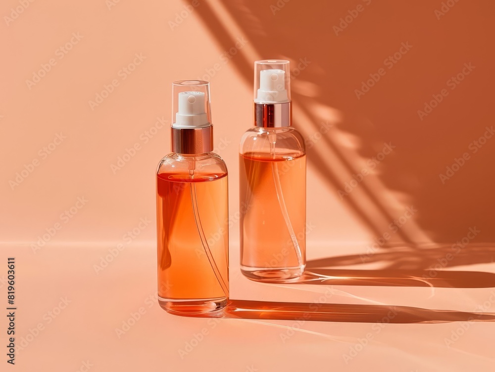 Face mist bottles on a plain peach background with soft shadows Face mist bottles on a plain peach background with soft shadows