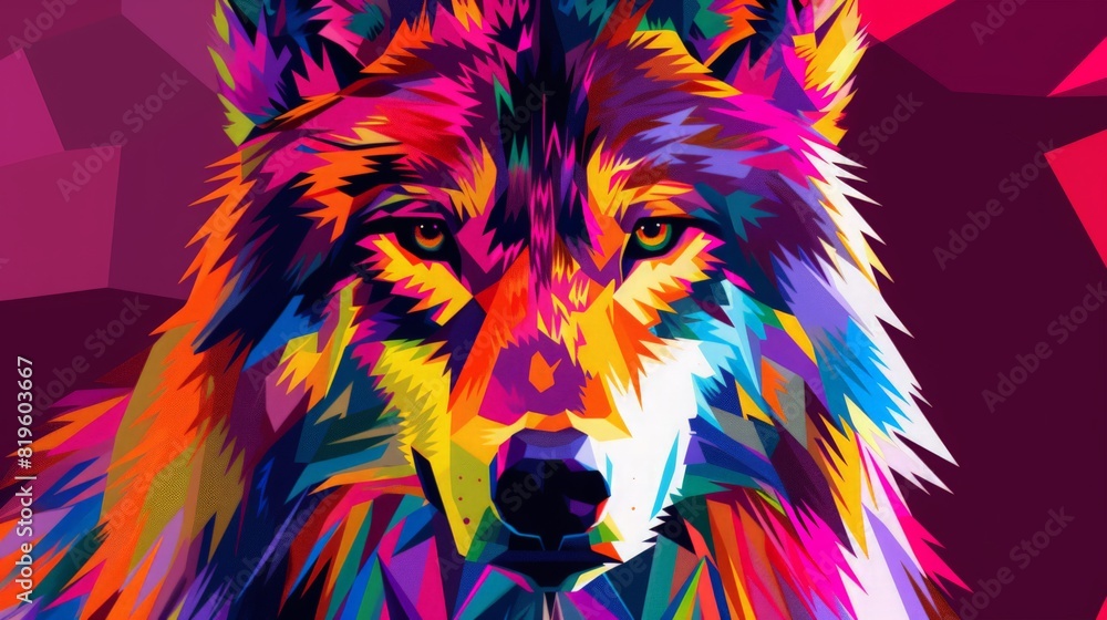 Fototapeta Wolf portrait. Colorful wildlife painting. Digital vector art of predator wildlife. Beautiful and majestic pop art. Creative wolf illustration. Hipster trendy modern polygon concept. Decoration poster