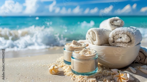 Facial scrubs on a sunny beach with clear blue skies photo