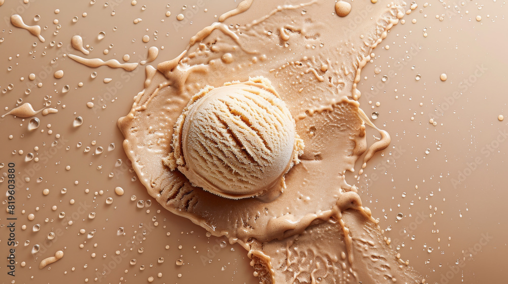 Peanut butter ice cream scoop on a monochromatic light brown background with water droplets splashing around Peanut butter ice cream scoop on a monochromatic light brown background with water droplets splashing around