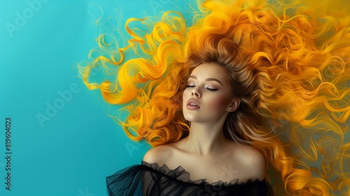 Beauty, fashion, make up. Woman in black dress with fantasy yellow hair on blue background