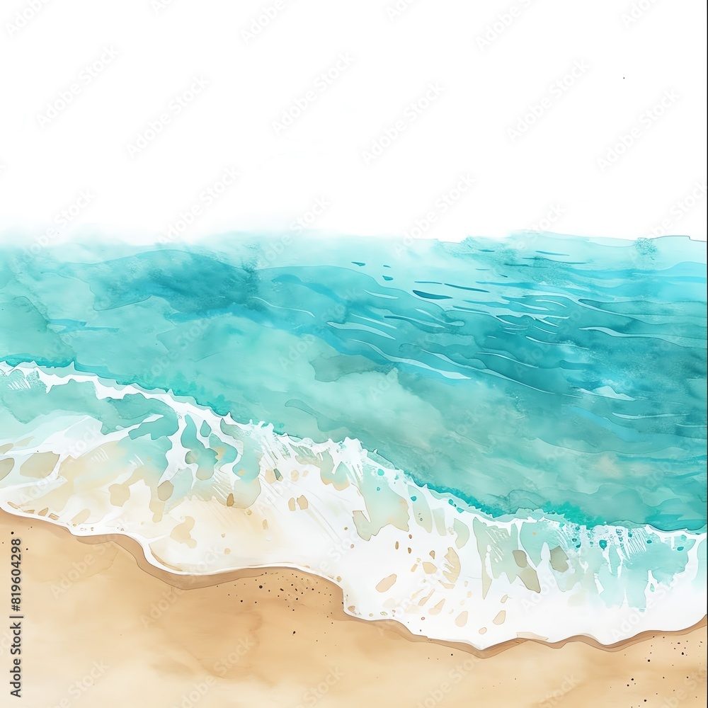 Minimalistic watercolor of a sandy beach with crystal-clear turquoise water on a white background, cute and comical.
