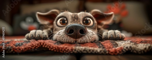 A cute puppy dog peeking over the edge of a colorful rug with big eyes photo