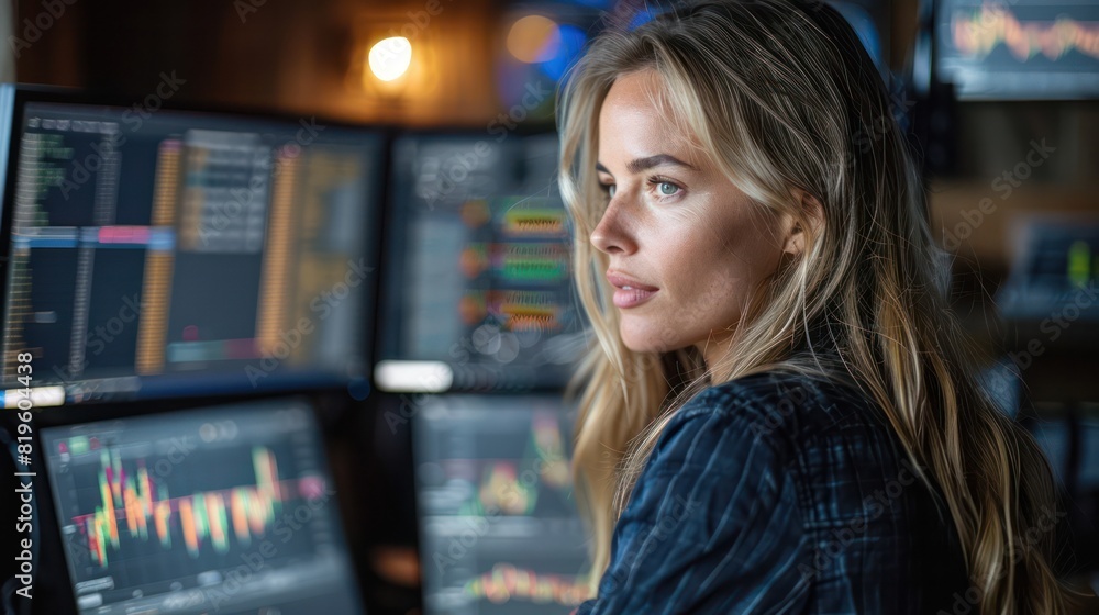 A businesswoman analyzing complex data on multiple computer screens. A businesswoman analyzing complex data on multiple computer screens.
