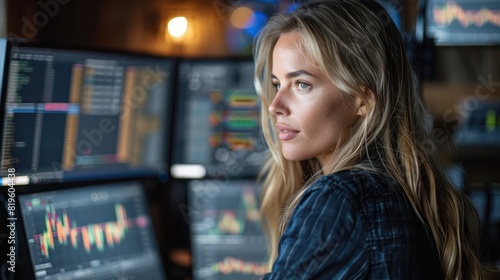 A businesswoman analyzing complex data on multiple computer screens. Free Download A businesswoman analyzing complex data on multiple computer screens. - GFXLoad