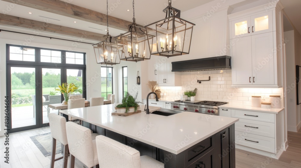 Fototapeta premium Modern Light Fixture. Luxury Home Interior: White Kitchen with Dark Accents in Modern Farmhouse