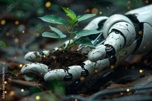 white steel robotic hand holding a plant in soil