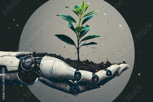 white steel robotic hand holding a plant in soil