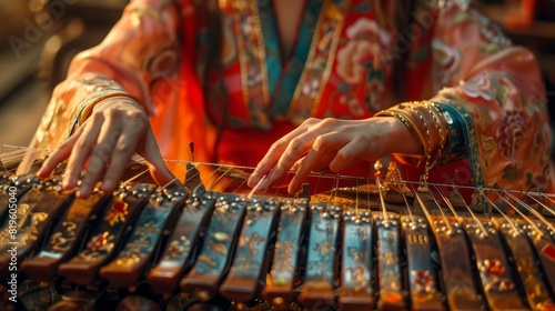 A woman plays the Chinese zither expertly and beautifully.