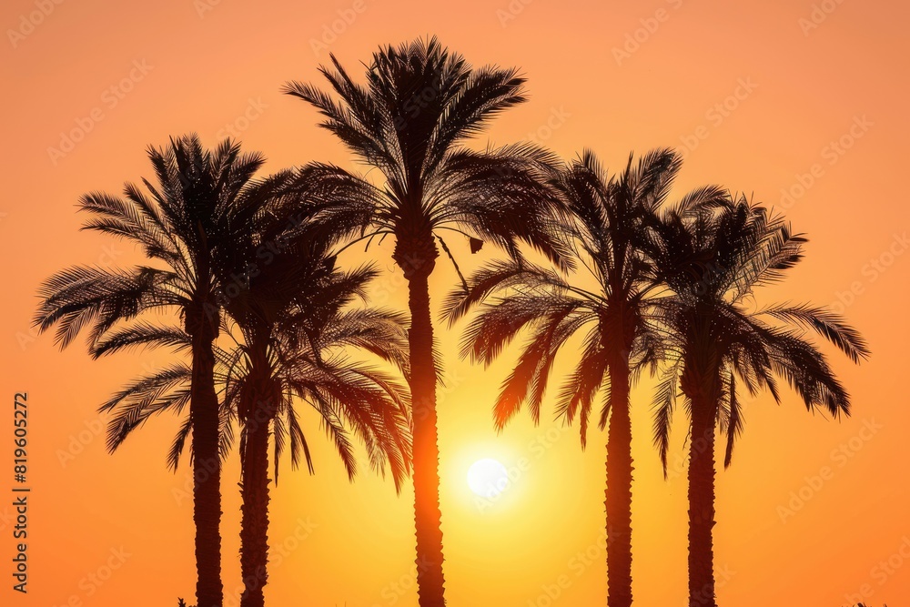 Silhouettes Tree. Sun Setting Behind Palm Trees with Copy Space for Travel Journey Concept