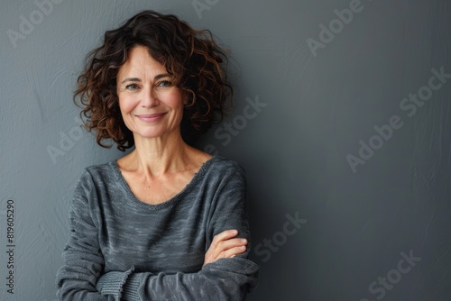 European Woman Portrait. Cheerful Middle-Aged Female with Curly Hair Smiling Isolated on Grey photo
