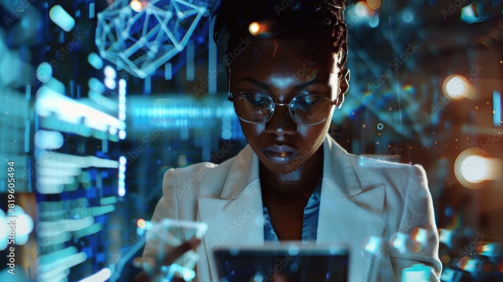 Tech Research. Black Woman Using Tablet for Future Business Innovation and Technology Data Analysis Tech Research. Black Woman Using Tablet for Future Business Innovation and Technology Data Analysis