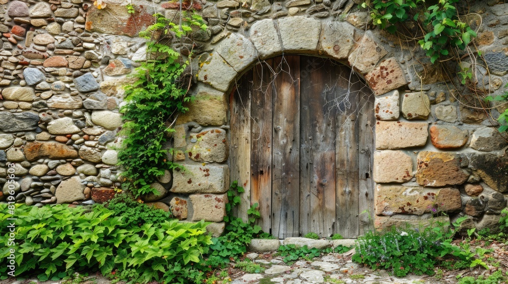 Stone Arch Entrance Wall, Garden Door, Old Rock Gate Path in Brick Garden