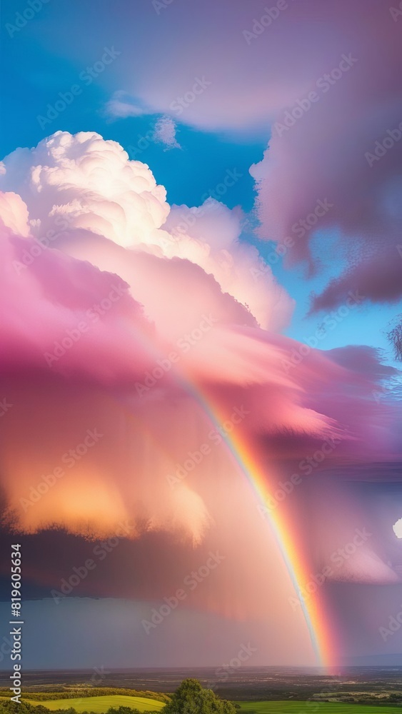 The bright rainbow on the beautiful blue sky and pink peach fuzz cloudscape background. Clouds vertical shot