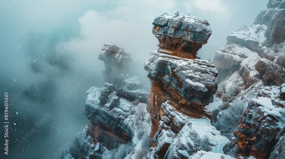 Cold Abstract. Abstract Rock Formation Covered in Snow on Cloudy Day Cold Abstract. Abstract Rock Formation Covered in Snow on Cloudy Day