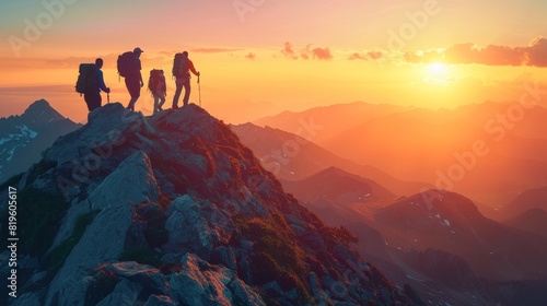 A group of hikers are on a mountain, with the sun setting behind them