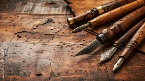 Vintage wooden fountain pens on rustic table. A collection of vintage wooden fountain pens placed on a rustic, worn wooden table, evoking a sense of nostalgia and timeless craftsmanship.