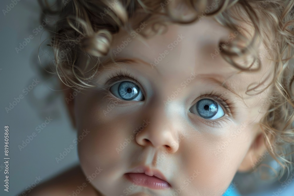 Adorable Cute Infant Baby Face with Curly Hair and Bright Eyes Adorable Cute Infant Baby Face with Curly Hair and Bright Eyes