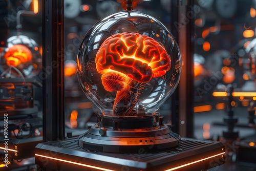 The brain pod / 3D illustration of science fiction scene showing glowing human brain inside complex futuristic glass globe computer machinery