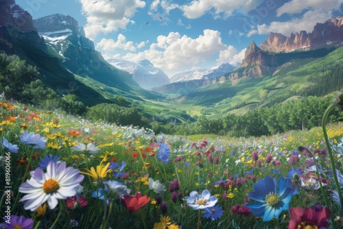 Mountain Valley with Wildflowers in Bloom