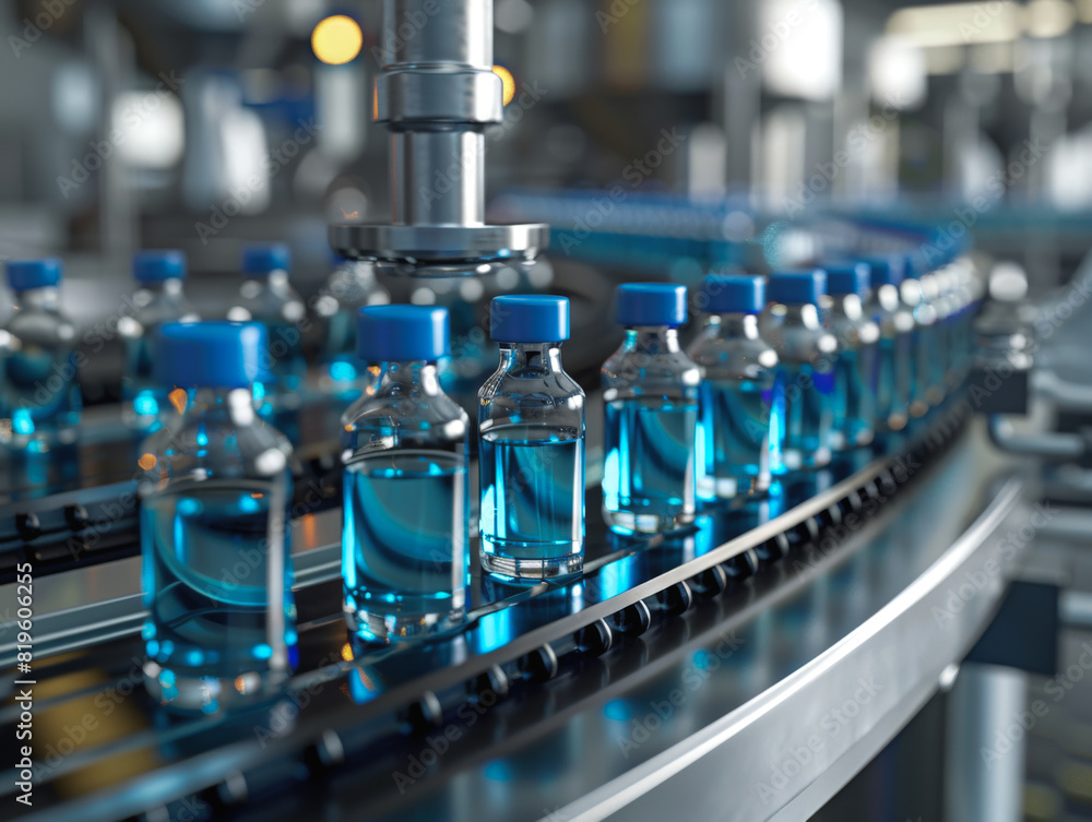 glass jars, modern pharmaceutical factory. Closeup of ampules are being filled with vaccine and closed with blue caps. Medical wallpaper glass jars, modern pharmaceutical factory. Closeup of ampules are being filled with vaccine and closed with blue caps. Medical wallpaper