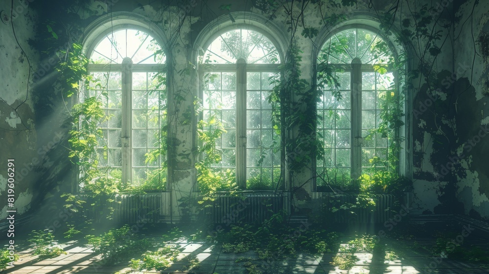 Obraz premium Windows of empty abandoned house palace overgrown with vegetation, ivy and vines from inside. Magical fabulous house windows in room. Building is captured by nature and vegetation. 3d illustration 