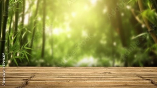 Bamboo plant in pot on wooden table with bamboo forest in background. Green bamboo garden with bright sun ray shine under with blurring background. Zen garden and tranquility concept. AIG35.