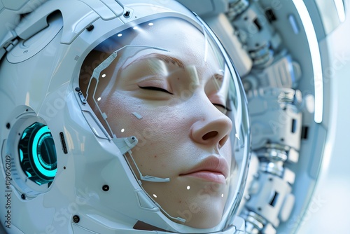 The woman clone pod / 3D illustration of science fiction scene showing human female figure in inside complex futuristic alien incubator cloning machinery 