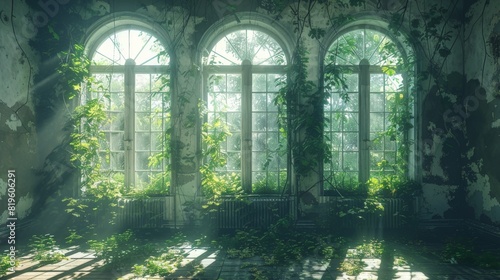 Windows of empty abandoned house palace overgrown with vegetation  ivy and vines from inside. Magical fabulous house windows in room. Building is captured by nature and vegetation. 3d illustration 
